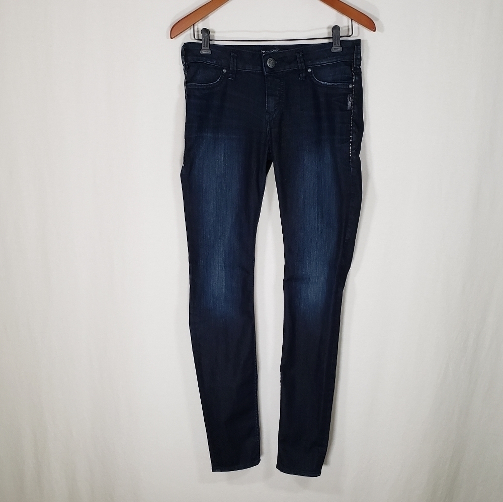 Silver Suki Jeggings Dark Wash Mid Rise Skinny Denim Women's sz 28 Subtle Bling
